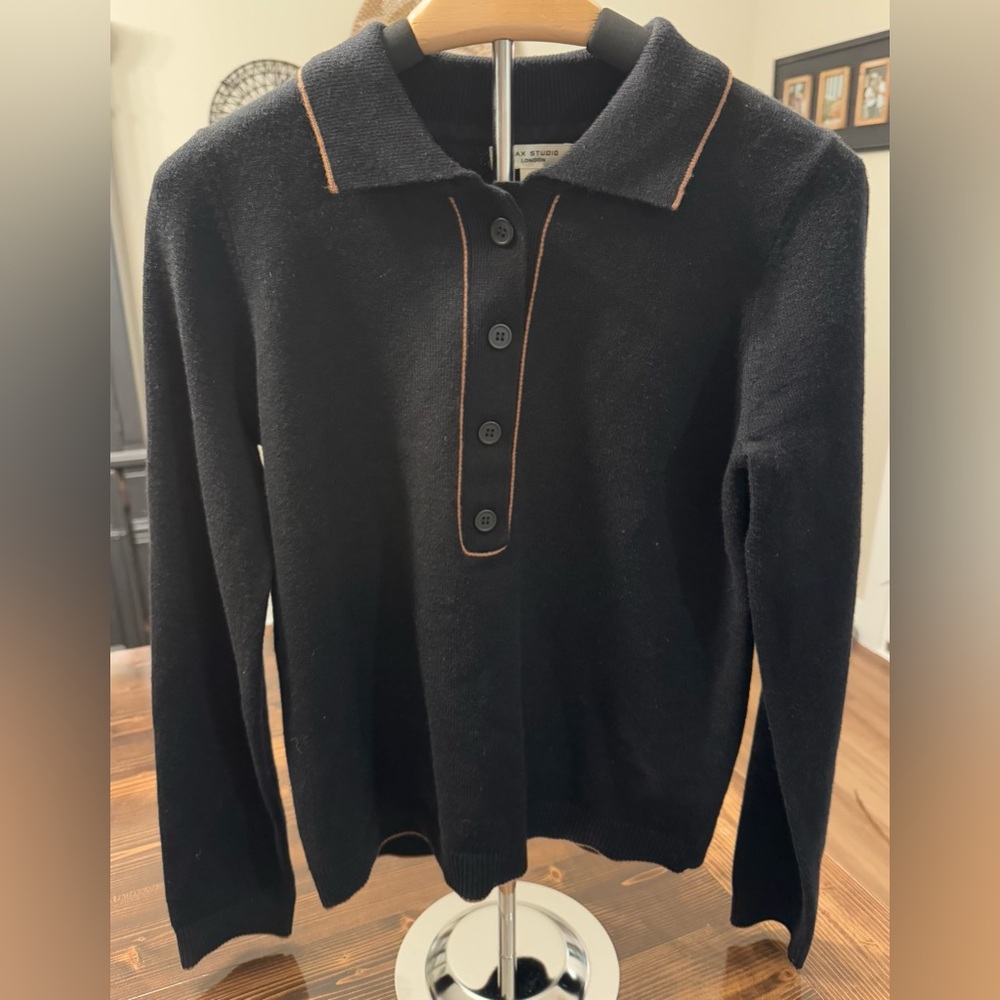 NWT Max Studio Black Collared Sweater with Button Detail & Tan Trim Size‎ S